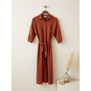Lush Rust Burnt Orange Roll Tab Sleeve Button Front Midi Shirt Dress Size S EUC